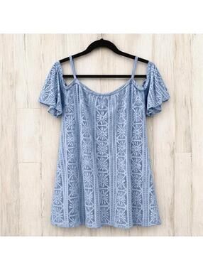 Love, Fire Women’s XL Blue Lace Cold Shoulder Dress Boho Flutter Sleeve